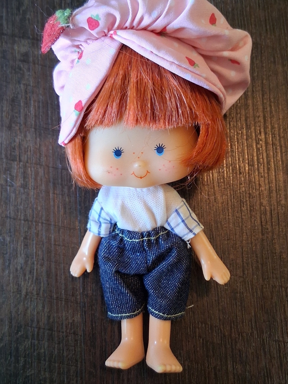 Vintage Strawberry-Print Headscarf Red-Head Doll with Denim Shorts